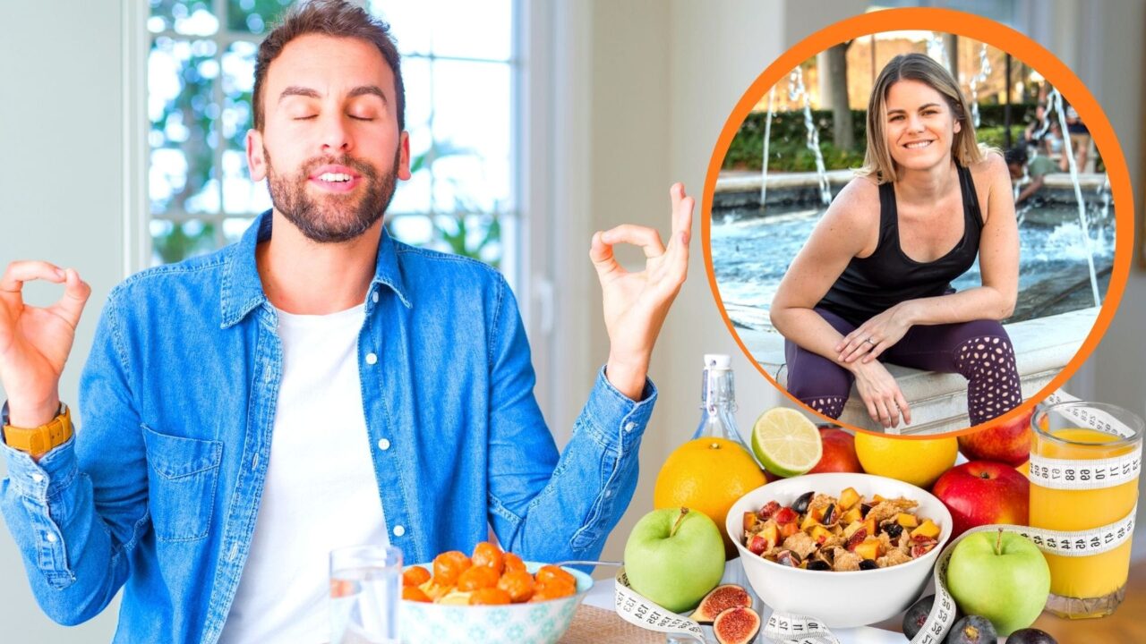 Man in Lotus yoga position, fruit and fruit salad served in front him on the table. In the background Caitlin Havener sitting near the fountain.