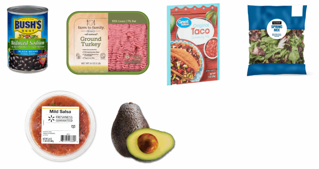 Ingredients for Taco Salad pic. Black beans, ground turkey, taco, spring green mix, salsa, avocado