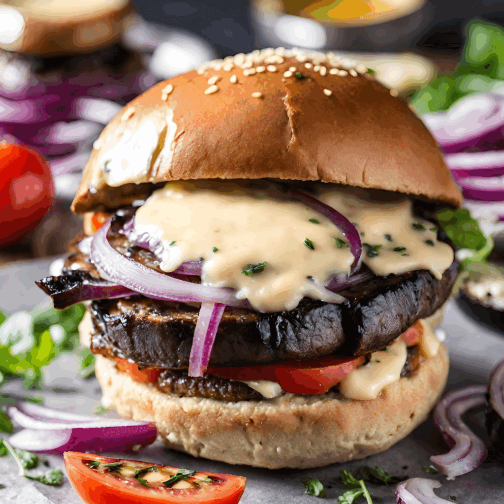 portobello burger with vegan cheese sauce