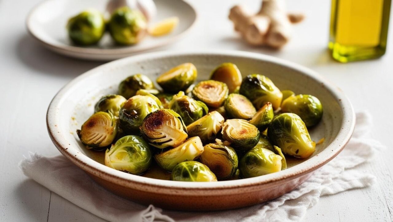 garlic ginger roasted brussel sprouts in a light dish with relevant ingredients in the background