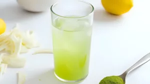 Japanese mounjaro in a glass with lemon and matcha in the background