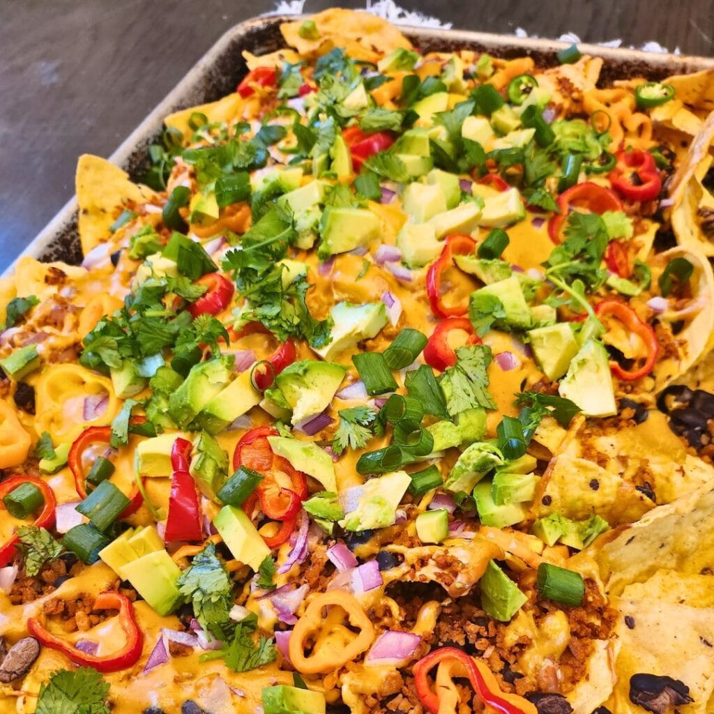 plant-based vegan nachos on a sheet pan