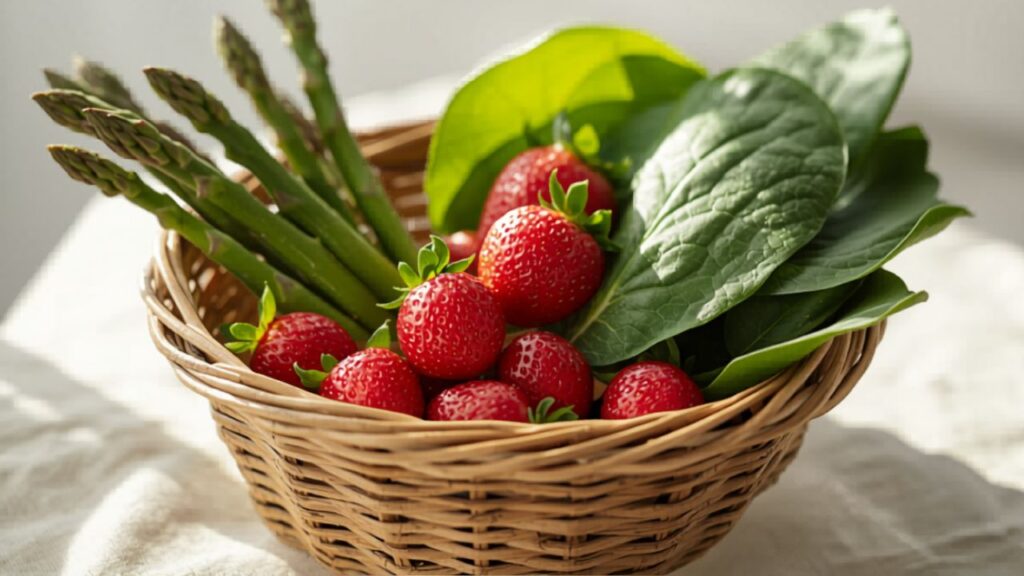 spring seasonal vegetables in basket