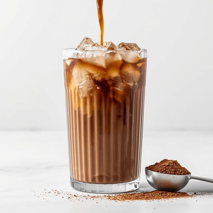 coffee being poured over a glass with proffee and protein powder in a spoon