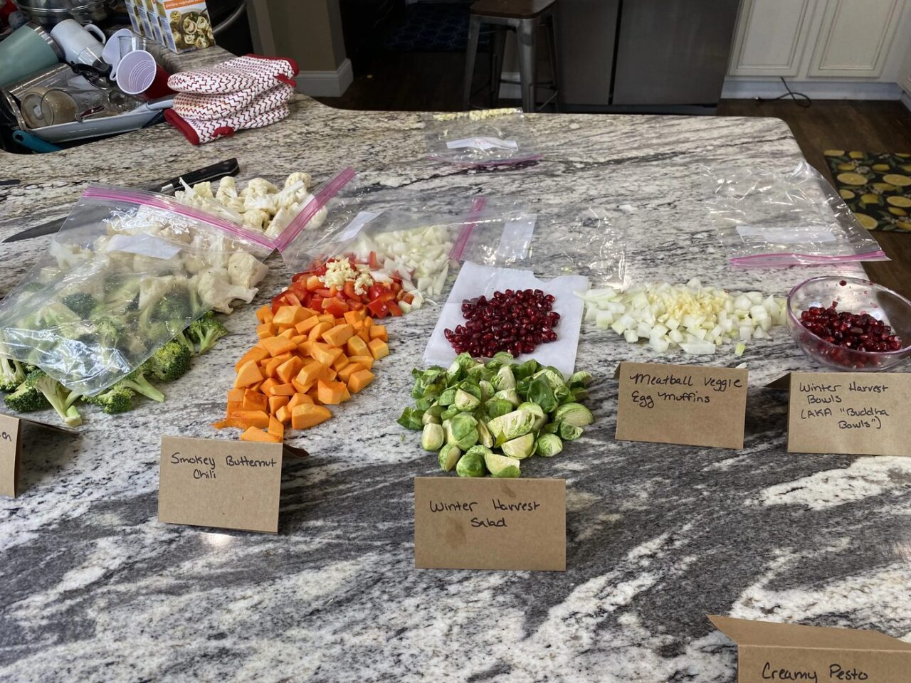Chopped butternut squash, onions, peppers, garlic, broccoli and cauliflower on a kitchen counter next to freezer bags and handwritten recipe labels