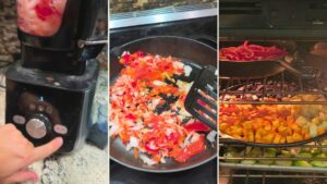 Food processor chopping peppers, peppers and onions in a skillet, and two pans of vegetables roasting in the oven